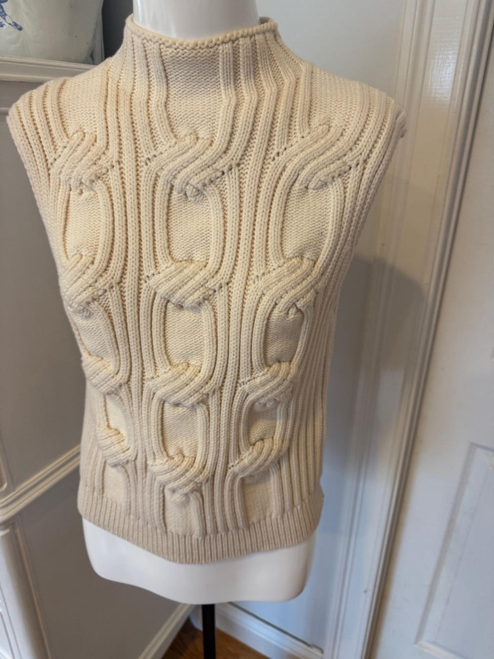 Zara Cream Cable-Knit Sleeveless Turtleneck Sweater